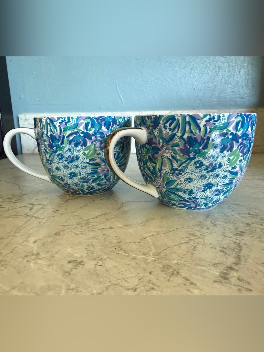 Blue Floral Porcelain Tea Cups - Set of 2